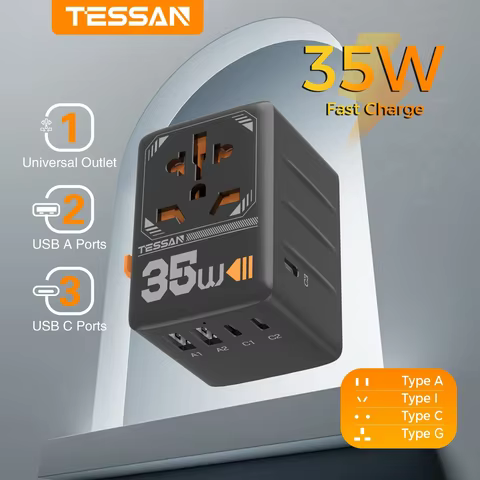 TESSAN GaN Universal Travel Adapter with Multiple USB Quick Charging International Plug Adapter 35W 