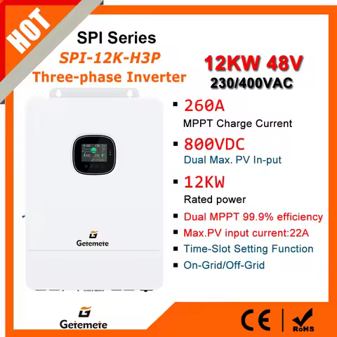 GTMT 12KW Three-Phase Hybrid Solar Inverter 48VDC To 230/400VAC Built-in Dual MPPT 260A Charger Cont
