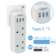 TESSAN Multi Plugs USB Adapter Extension Socket UK/Singapore Plug 3 Pin Power Strip with USB Extension Plug with 10 Outlets and 4 USB Ports Desktop Power Adapter USB Charger for Home Office Kitchen PC