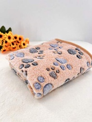 1片四季珊瑚絨寵物毛毯,印有爪印圖案,適用於小型和中型貓狗,冬季保暖睡眠毯子床墊