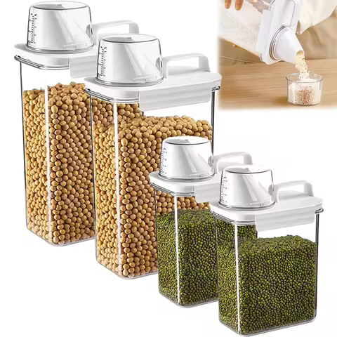 1pc Cereal Containers Storage, Airtight Grain Jar with Measuring Cup Kitchen Organizers for Oatmeal,