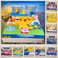 New 100% cotton Cartoon Pikachu sheets 1050TC KAIN TEBAL Bedsheet Super single/Queen/King For 3 Size