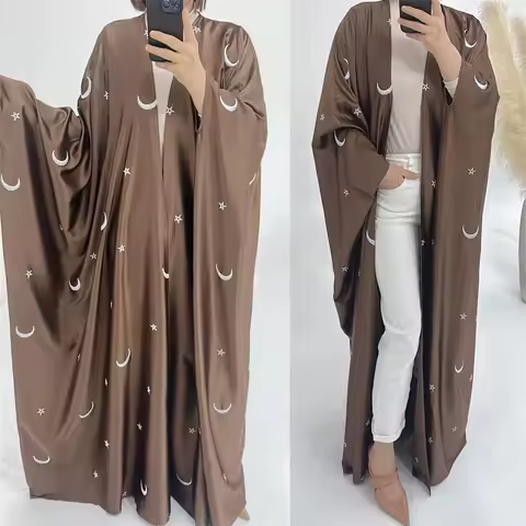 Full Moon & Star Embroidery Dubai Abaya Kaftan Dress Satin Kimono Muslim Women Dubai Turk Islamic Cl