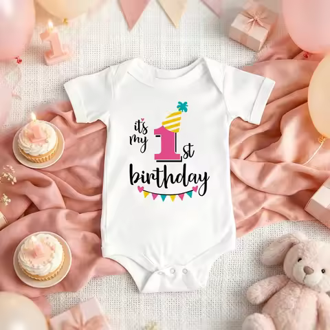 It's My 1st Birthday Baby Onesie Pink Number One Party Hat Print Cotton Bodysuit Girls First Birthda