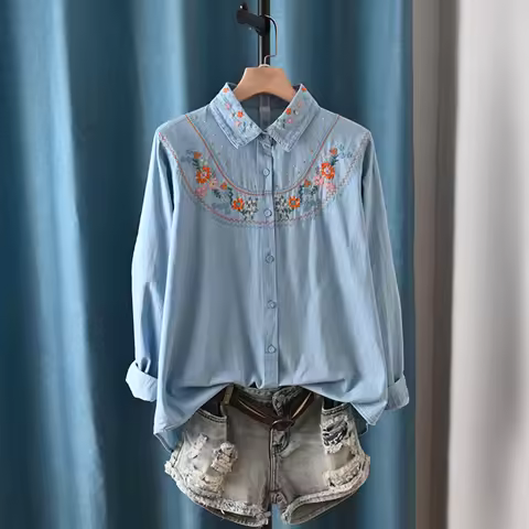 Harajuku y2k Denim Shirts Women Spring Tops Korean Fashion Long Sleeve Flowers Embroidery Denim Blou