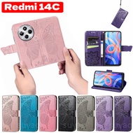 For Xiaomi Redmi 14C 14 C 2024 Phone Case Flip Wallet Leather Card Holder Redmi14C Red me mi Butterf