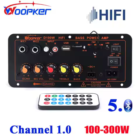 Woopker D100W Digital Amplifier Board Subwoofer Dual Microphone Bluetooth 5.0 AMP 100-300W 220V 12V-