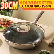 30CM SUS316 Stainless Steel Nonstick Honeycomb Cooking Wok with Glass Lid