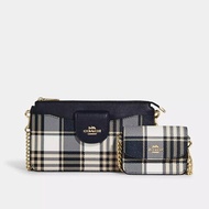 【COACH】格紋鍊條子母包-深藍白格紋