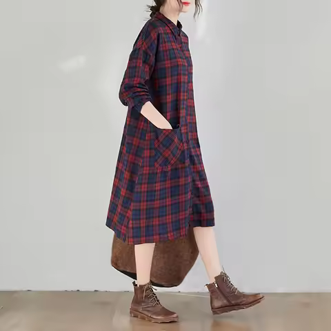 Spring Faion plus Size Women's Plaid irt Dr Korean Sle Midi Dr Trendy Long Sve Dr Age Reduction Dr