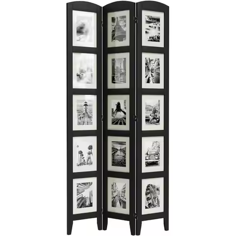 3-Panel Solid Wood Photo Room Divider, Black, 8x10 or 5x7 Frames with Mat Options