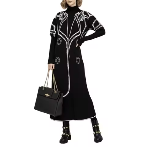 UOOZEE Women's Fashion Black White Contrast Color High Neck Sweater Dresses Long Sleeves Oversized E