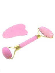 1套粉色刮痧按摩套裝,包含刮痧按摩滾輪、刮痧板、美容無玉石滾輪、刮痧按摩板
