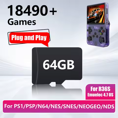 64GB Game Card for R36S Game Console with 18490+Games&26 Emulators for PS1/PSP/N64/NES/SNES/NEOGEO/N