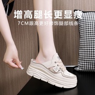 PLOVER真皮内增高包头半拖鞋女外穿厚底凉拖鞋懒人一脚蹬包头拖鞋PLOVER  Leather Inner Heighten Baotou Half Slippers for Women