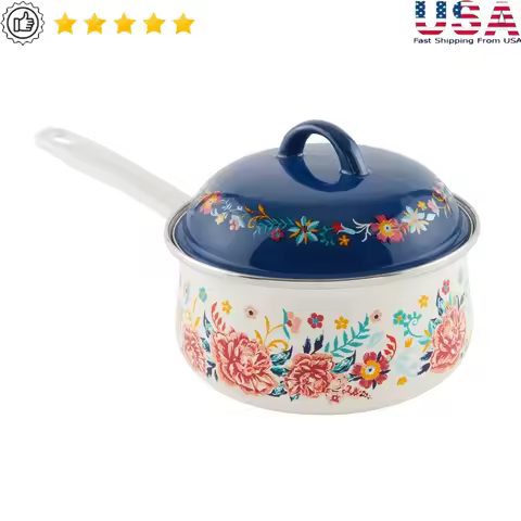Floral Enamel-on-Steel Saucepan 2QT Kitchen Essential Durable Cookware Vintage Inspired Boiling Sauc