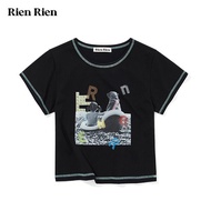 เสื้อยืดคอกลมแขนสั้นผ้าฝ้ายลายตัวอักษรปักสีสันสดใสสำหรับเด็ก Rien Rien ทรงเข้ารูป ทรงเข้ารูป ฤดูร้อน