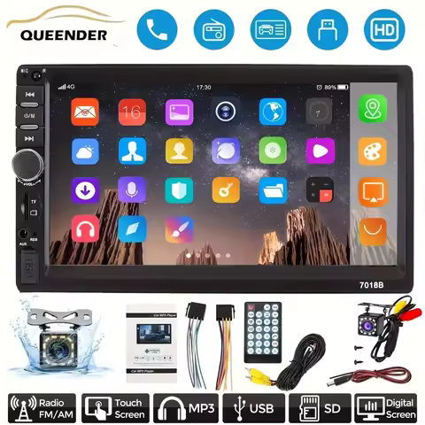 QueenDer 7'' Double Din Car Stereo MP5 Player - Touch Screen, USB/TF/AUX, 2 Din Autoradio with Mirro