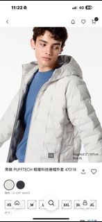 Uniqlo 男裝pufftech輕暖科技連帽外套。全新附吊牌470118 可機洗。 顏色 白offwhite. L