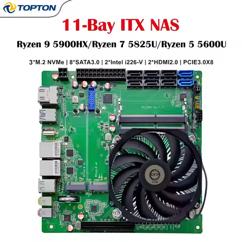 11-Bay Mini ITX NAS Motherboard AMD R5 5600U Ryzen 7 5825U/5800H R9 5900HX DDR4 3×NVMe 8×SATA 2.5G L