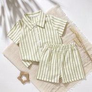 ชุดเสื้อเชิ้ตแขนสั้นลายทางผ้ายืด + กางเกงขาสั้นสำหรับเด็กผู้ชายวัยเตาะแตะหรือเด็กแรกเกิด 2 ชิ้น อายุ