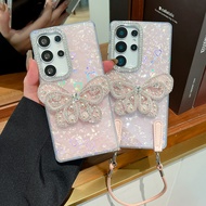 IMD Laser Pattern Phone Case For Samsung 24 25 FE Plus Ultra Fashion Pearl Yarn Bow Lanyard Protecti