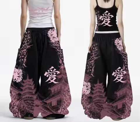 Equinox Flower Japanese Leisure Pants Manga Printing Men Women Slacks Trousers Y2K Gothic Wide Pants