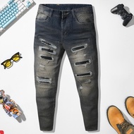 Men's blue jeans with black leather lining, high quality men's jeans with light and comfortable stre