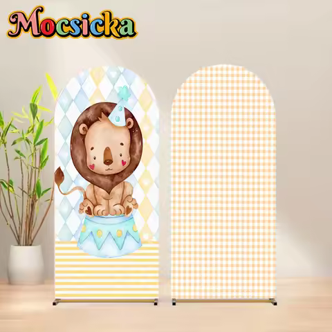 Mocsicka Double-Sided Arch Backdrop Lion Striped Grid Pattern Decor Children Birthday Party Arched C