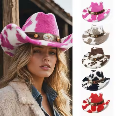 Soft Wide Brim Western Cowboy Hat Windproof Fuzzy Faux Fur Hat Warm Metal Badge Hat Street Outfit