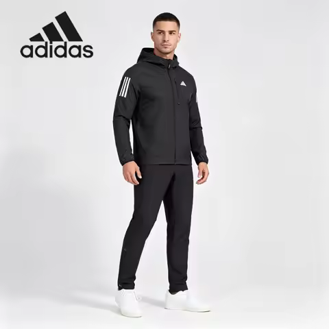 Adidas Gym Outfit for Men Wind Resistant Hood Wind Coat Elastic Jogging Pants Complete Athletic Wear