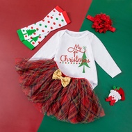 0-2 Year Old Children's Christmas Set for Girls Plaid Skirt + Headband + Romper + Socks [4Pcs/Set] B