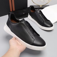 6FG4 Zegna New Style Men's Casual Shoes Genuine Leather Slip-On Loafers Cross Elastic Band Cover Foo