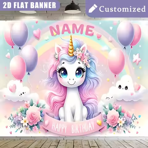 2D Pink Cute Unicorn Theme Rainbow Cloud Personalized Birthday Custom Poster, Party Decoration Birth