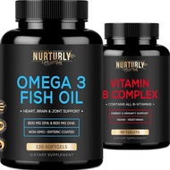 NURTURLY Vitamin B Complex and Omega 3 Fish Oil - B Vitamins B1,B2,B3,B5,B6,B7,B9,B12 and Biotin – F