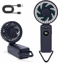TMEHM Portable Mini Handheld Fan with LED Display, 3 Speed Settings, 90° Foldable Design, USB Rechargeable Battery, Travel Carabiner Clip, for Outdoor Use, Home, Office (1, Navy Blue)