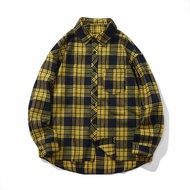 Lansboter เสื้อเชิ้ตผู้ชาย-เสื้อเชิ้ตลายสก็อตแขนยาว ทรงหลวม เสื้อเชิ้ตทรงเรียบง่าย