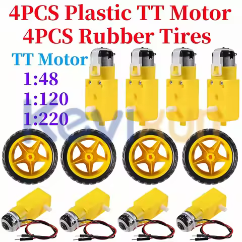 4PCS DC Electric Motor + Plastic TT Motor Tire Wheel 3-6V Dual Shaft Gear Motor TT Magnetic Gearbox