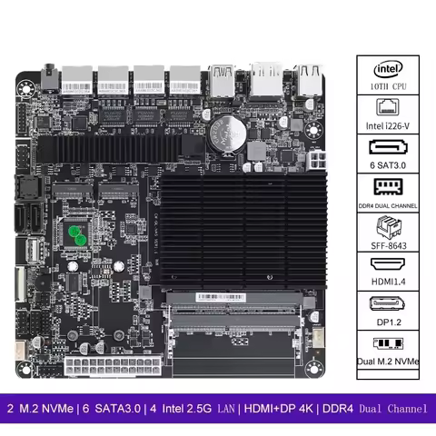 J4125 Mini-ITX Motherboard 4 i226-v 2.5GbE Port for 6-Bay NAS/Firewall Appliance, Dual DDR4, M.2 NVM