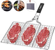 BBQ Grill Mesh Wire Basket Mesh Clip Food Holder Fish Meat Steak Vegetable BBQ Tools Stainless with Handle Long Rectangle Size High Quality