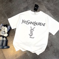 HOT_YSL European And American Trendy Clothing Simple Large Logo Pure Cotton Male And Female Couples Same Style Short-sleeved Loose T-shirt Blue