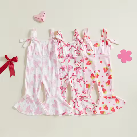 FOCUSNOR 4 Colors Lovely Kids Girls Bell-bottoms Overalls Pants 1-6Y Bow/Strawberry Print Sleeveless