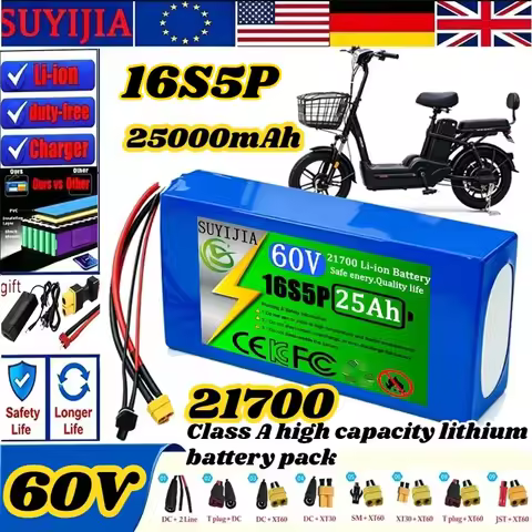 60V 25Ah 16S5P 21700 Class A High Capacity 67.2V 100W-1500W Lithium Battery Built-in 30A BMS 2A Char