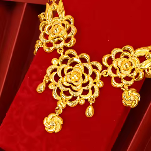 Luxury 24K 9999 Pure Gold real gold Women's Wedding Flower Chain
