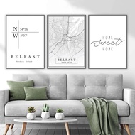Belfast Northern Ireland Retro City Map Canvas Art Print with Protective Coating  Classic Map Poster