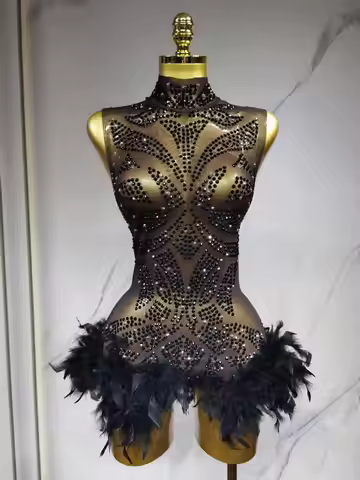 Black Rhinestones Mesh Jazz Dance Bodysuit Women Celebrate Pole Dance Outfit Halloween Nightclub Bar