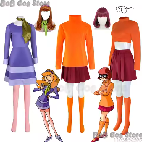 Scoo Velma Daphne Cosplay Costume Shaggy Outfit Uniform Wig Anime Woman Skirt Glasses Halloween Part