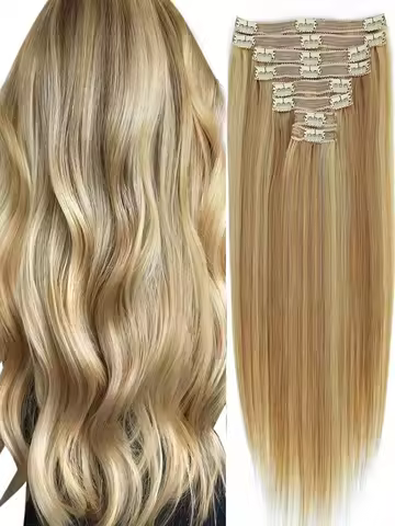 8Pcs Clip In Hair Extensions 100% Human Hair P8/613 Color Brown Highlight Blonde For Women Daily Use