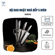 Bộ Dao Nhật 5 Món, Đầy Đủ Loại Dao Cho Nhà Bếp Nhà Hàng Kèm Giá Đựng- Chất Thép Nguyên Khối Không Gỉ