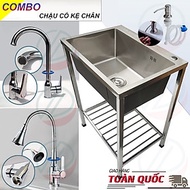 COMBO Chậu Rửa Chén Bát 1 Hộc 60x45cm Có Chân Cao 81cm Kèm Vòi Inox Nóng Lạnh - Gồm kệ chân, chậu, v